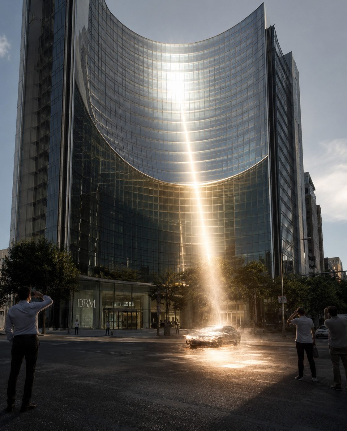 A street-level view of pedestrians beneath a reflective glass tower in bright sun