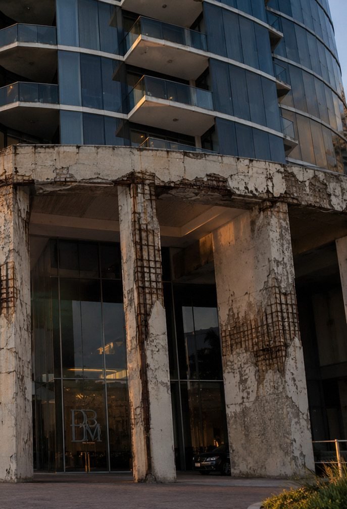 Corroded structural columns exposed at a coastal tower
