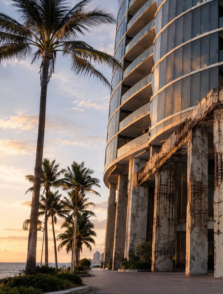 An oceanfront glass tower on the Florida coast at dusk