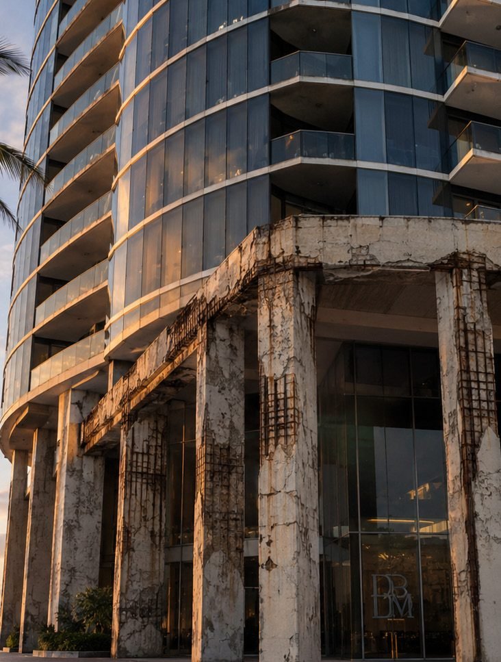 Spalling concrete at the base of a coastal residential tower
