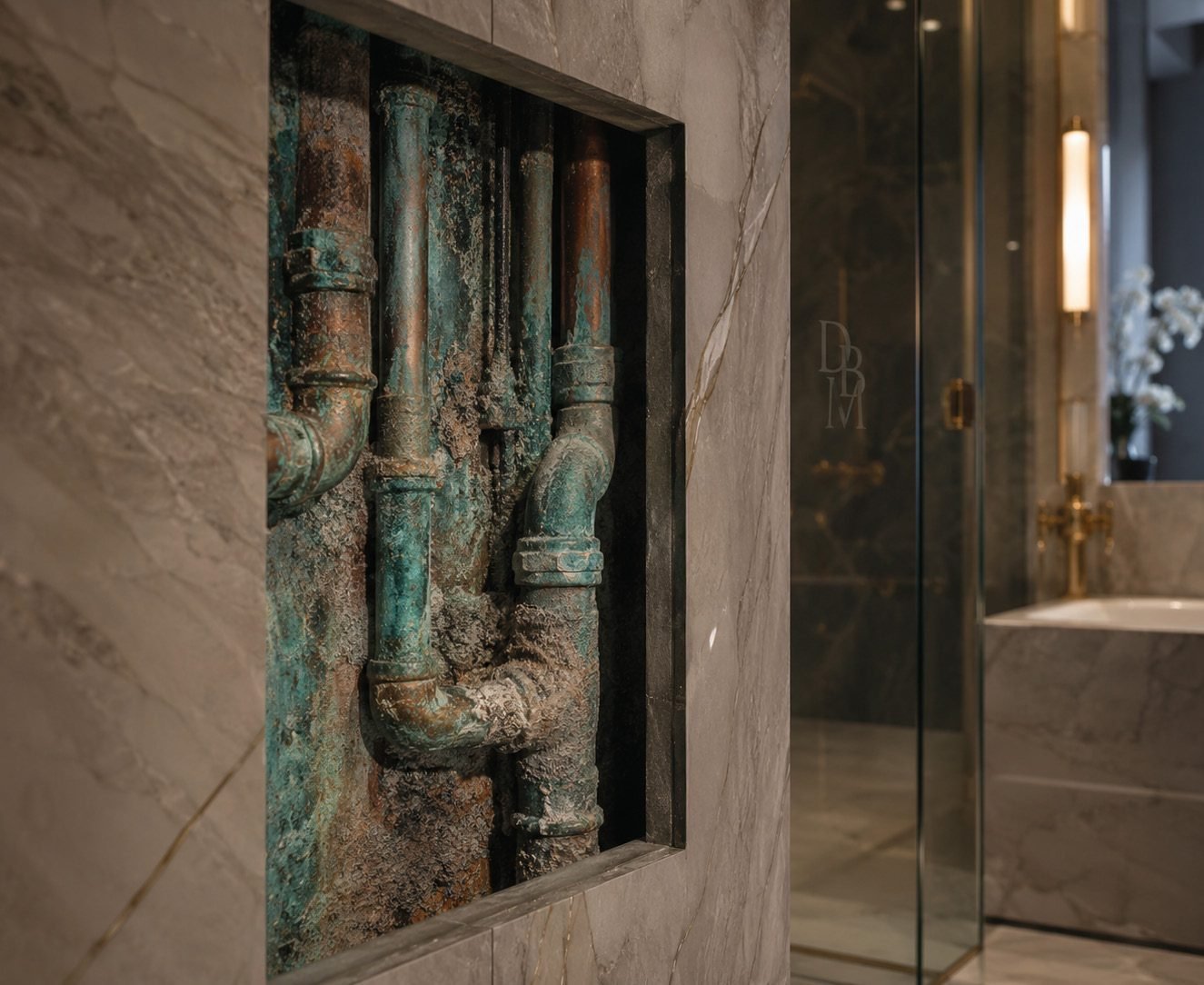 Concealed bathroom pipework behind a luxury finish
