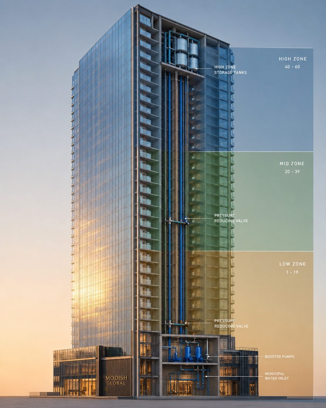 Pressure zones stacked through a vertical tower