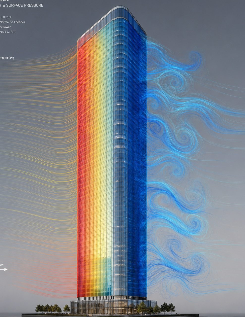 A computational fluid dynamics visualization of the turbulent wake shedding behind a tall building
